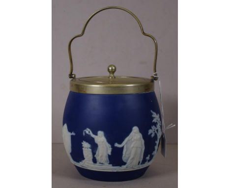 Vintage Adams blue & white biscuit barrel blue and white jasper ware with applied classical decoration, with silver plated li