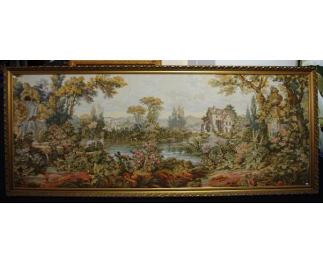 Large framed wall tapestry depicting an Italian scene, 110cm x 270cm approx