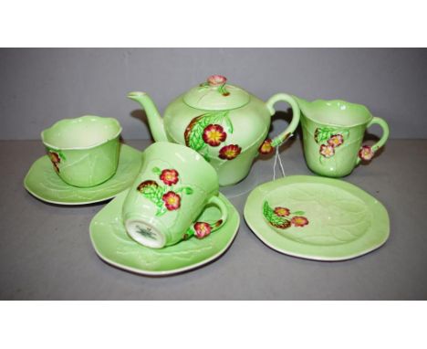 Vintage Carlton Ware seven piece part teaset including trio and 1 extra saucer, teapot (chip to finial on lid), creamer and c