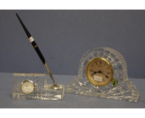 Waterford crystal mantle clock with quartz movement, original label attached (height 12cm approx); together with a Waterford 