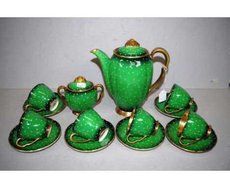 Fourteen pce Carlton Ware 'Vert Royale' coffee set including 6 each cups (with gilt washed interiors) and saucers, a covered 