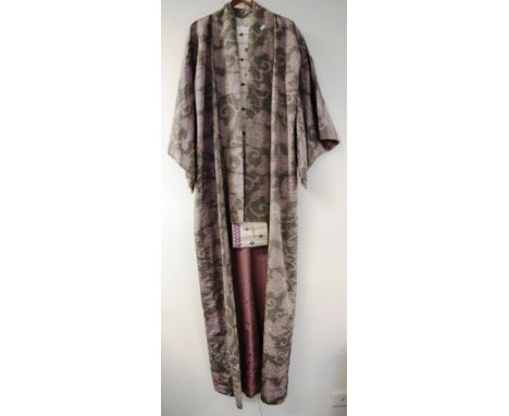 Japanese silk kimono in grey and mauve tones with floral decoration, together with a sash belt