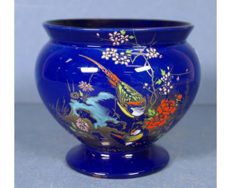 Vintage Shelley table vase bird and foliage decoration, on cobalt blue ground, marked to base, with # 8680. Height 11cm appro