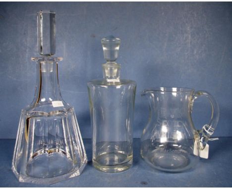 Two various glass decanters & water jug water jug with etched brand 'VRVO Scotch Whisky, P. MacSorley, Glasgow, (height 14cm 