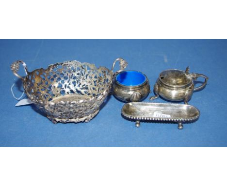 Vintage Dutch silver pierced basket marked Holland 830, (108 grams ), together with two silver plated salt cellars and pin di