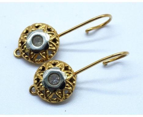 Pair of 18ct yellow gold drop earrings with centre gem and pierced surround. Total weight 2.4gms