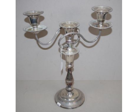 Vintage silver plate candelabra positions for 3 candles. Marked to base 'Hecworth Reproduction Old Sheffield.' Height 40cm ap