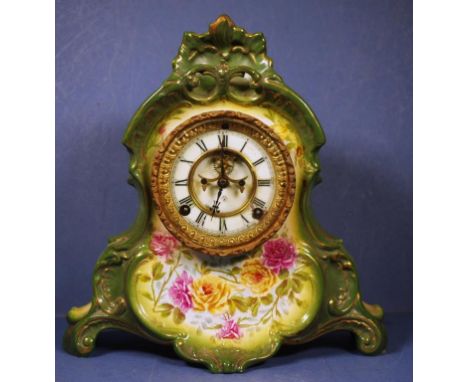 Vintage Bonn Germany ceramic mantle clock marked verso, untested, key available. Pendulum missing. Height 33cm approx.