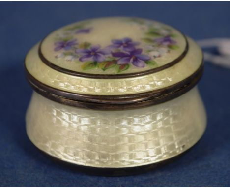 Vintage French guilloche enamel lidded bowl violets decoration to lid, on white guilloche body. (Some enamel loss to rim). Di