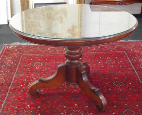 Mahogany pedestal dining table with glass top pedestal tripod base, diameter 110cm X height 76cm approx