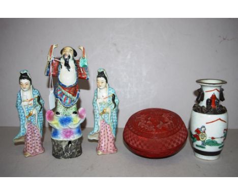 Three various Chinese ceramic figures including pair standing women; a standing sage figure; a crackle glaze posy vase; and a