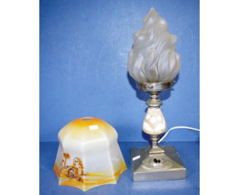 Vintage chrome electric table lamp together with original flame shaped glass shade; and early glass lamp shade, with decorati