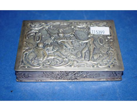 Vintage continental silver ornamental trinket box lid with embossed decoration of figures in a garden, gilt washed interior. 