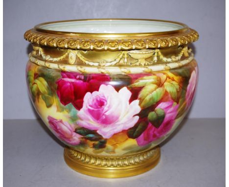 Large handpainted Royal Worcester jardiniere decorated with roses, signed Sedgley, circa 1891, height 28cm approx