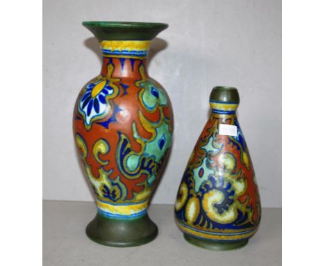 Two various Gouda ceramic vases including mantle vase, marked to base and 'Rhodian,' Rim chip to base); and another bottle sh