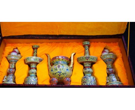 Five piece boxed Chinese ceramic ritual set including 5 hand painted famille jaune ceramic pieces. Character marks to bases. 