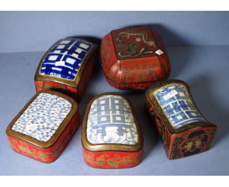 Five various Chinese boxes to include four with blue and white ceramic tops