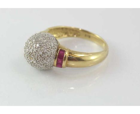 9ct yellow gold,  diamond and ruby ball ring weight: approx 3.97 grams, size: approx O-P/7