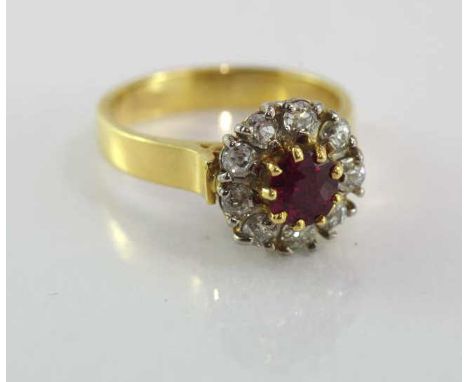 18ct yellow gold, ruby and diamond cluster ring weight: approx 5.07 grams, size: K-L/5