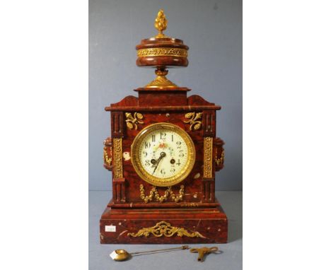 19th century French Japy-freres mantle clock with eight day striking movement (bell), ormolu & enamel dial, in architectural 