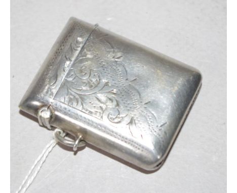 Vintage sterling silver vesta case engraved decoration, hallmarks rubbed. Weight 24grams approx.