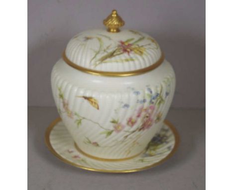 Royal Worcester blush ivory biscuit barrel on plate, circa 1891, 18.9cm diameter, 21cm high approx