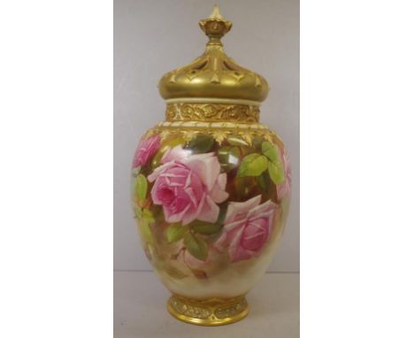 Royal Worcester signed covered potpourri jar handpainted by Walter Sedgley in the Hadley Rose design, circa 1914, 44cm high a