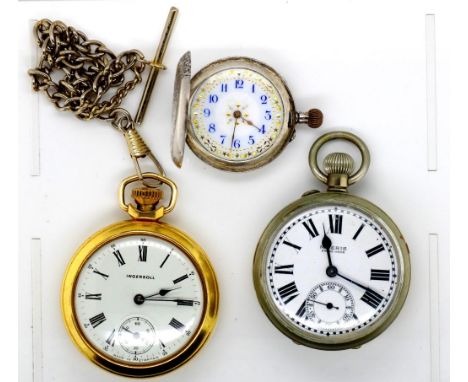 Ladies sterling silver full hunter fob watch with decorative white enamel face, missing glass and ring. Togethter with two op