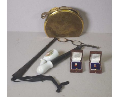 Two cased Indian lucky beans, vintage lorgnette a Bohemian pipe and a metal purse