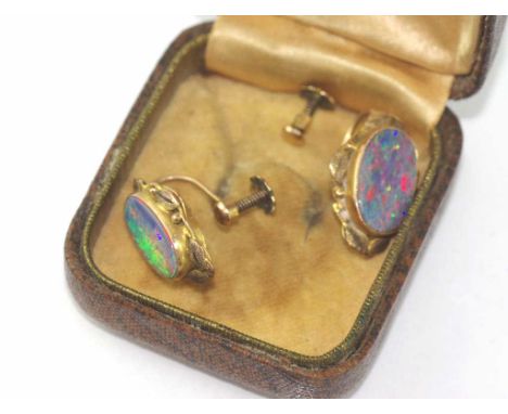 Boxed 9ct and opal earrings one screw back needs repair, total weight: approx 4 grams