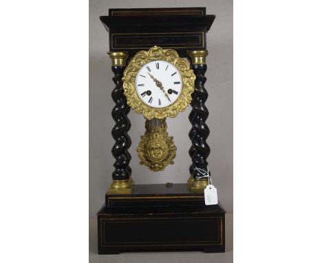 Vintage Portico Wood Mantle Clock Roman numerals to enamel dial, with gilded surrounds, 4 turned columns, to rectangular base