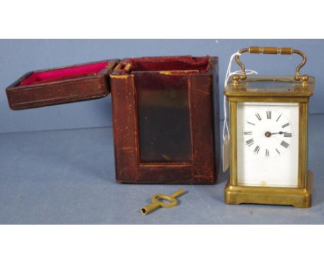 Vintage French brass cased carriage clock key available, untested. (Minute hand detached, but available.) In original leather