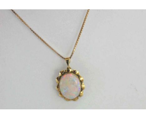 Good 9ct yellow gold solid white opal pendant opal size: 16 x 12.2 x 3.99mm, on 9ct yellow gold box chain, total weight: appr