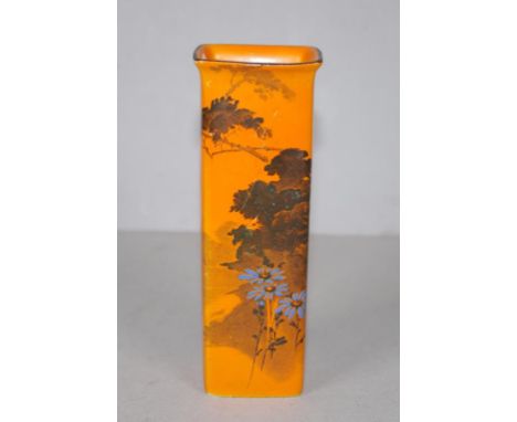 Vintage Shelley Sunrise posy vase decorated with lake scene with rising sun, on orange ground. Marked to base. (small rim chi