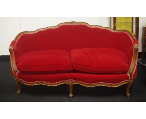 French Louis XV style sofa with scroll and floral carving, 187cm wide, 100cm high