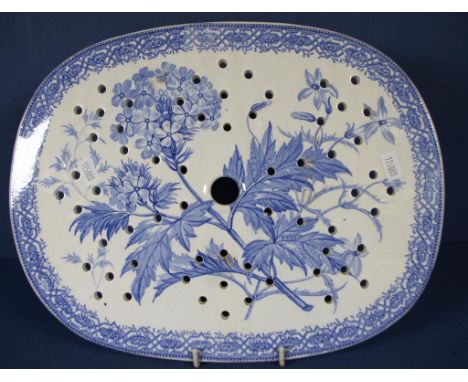 Antique Staffordshire ceramic drainer blue and white floral and leaf decorated, unmarked (possibly Spode). Length 31cm approx