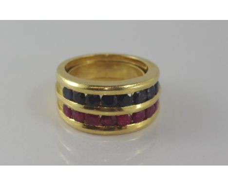 18ct yellow gold, ruby and sapphire ring in Bulgari style, weight: approx 13 grams, size: approx M/6 (currently has sizer att