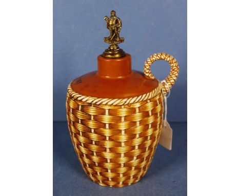 Vintage Taylor Tunnicliffe ceramic whisky flask basket weave pattern to exterior, with metal Falstaff figure stopper finial, 