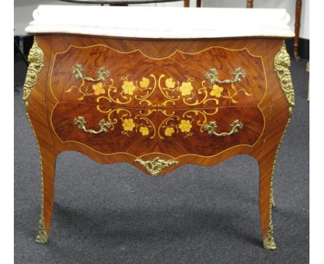 Louie XV style bombe commode marble topped, two drawer, decorated with ornate inlay, 98cm wide, 45cm deep, 82cm tall..