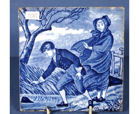 Antique Wedgwood 'March' ceramic tile blue and white, titled after Kate Greenaway's illustrations in her Victorian era novel 