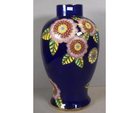 Vintage Carlton Ware tall ceramic vase floral decoration on cobalt blue ground, marked to base and # 0/4331 and 3601. Height 