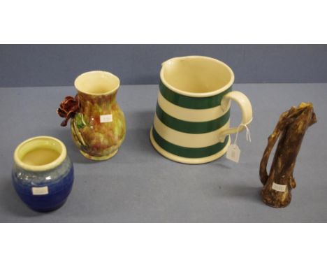 Four various Australian ceramic pieces including Bakewells green striped kitchen jug; a Newtone blue glazed posy vase; an Aus