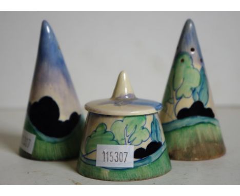 Vintage three piece Clarice Cliff condiment set marked to base 'Bizarre,' comprising salt and pepper shakers, and mustard pot