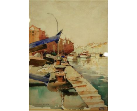 Frederic Bates (b1918) 'Fishermen on the Quay' 'at Sete,' 1983, watercolour, signed lower left. Wagner Art Gallery label vers