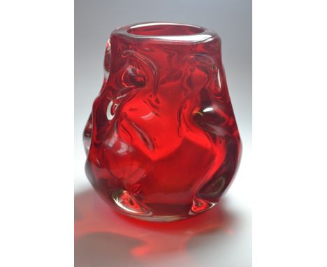 Whitefriars 'WOBBLY KNOBBLY' ruby red glass vase. No noticeable damage, some light scratches to the base as expected with age