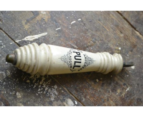 Vintage toilet pull handle, ceramic and brass by Wm Anderson of Glasgow, [ slight chips on top of handle] but looks cool!