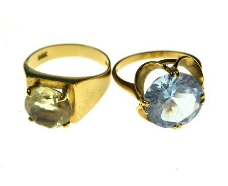 9ct Gold ring set with large pale blue Topaz, [ stamped 375] and a 9ct Gold ring set with citrine [stamped 375] 8.5 grams.