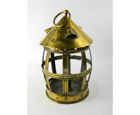 Unusual circa 1900s brass cage lantern with hoop handle to top, an open frame with candle stand to centreNo noticeable damage