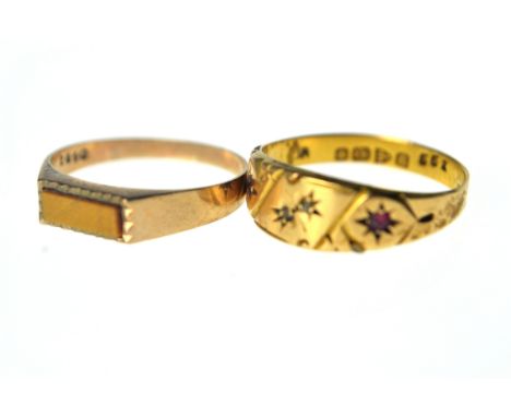 Late Victorian 18ct gold ring set with 2 small rubies, stamped and dated. With another 9ct gold ring stamed 375 (2) gross wei