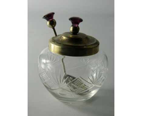 Circa 1920's jam/conserve pot in white metal with Scottish amethyst coloured tops